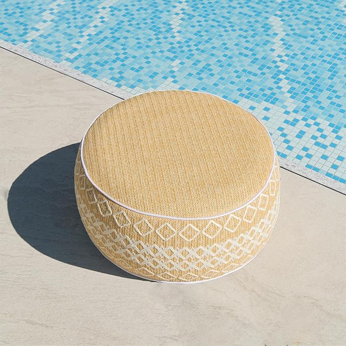 Outdoor Inflatable Ottoman with Air Pump, Embroidery Patio Footrest Stool D21”x H9”, Round Pouf Ottoman with Portable Handle Suitable for Garden, Camping, Bedroom, Living Room-Ruum Studio Home