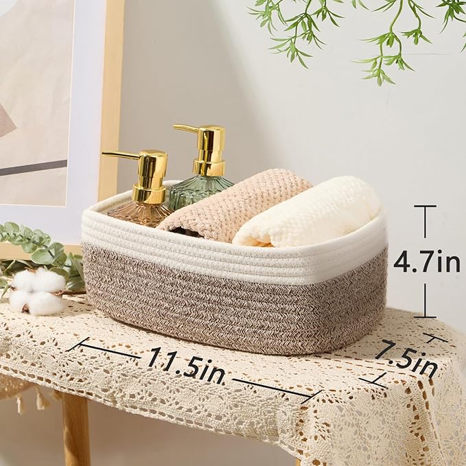 Small Storage Baskets for Organizing | Closet Organizer Bins | Shelf Toy Basket | Woven Rope Baskets | Cube Decorative Box | Shallow Basket | 11.5x7.5x4.7” | 4 Packs White Brown-Ruum Studio Home