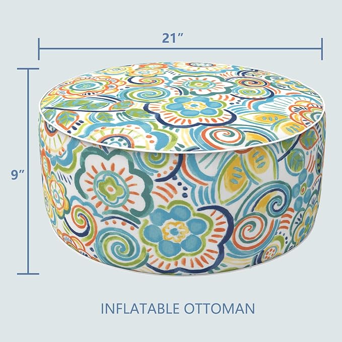 LVTXIII Outdoor/Indoor Inflatable Stool Ottoman, All Weather Patio Footrest Pouf, Portable Round Ottoman for Patio Garden, Camping or Home, D21xH9 Inches, Flower Blue-Ruum Studio Home