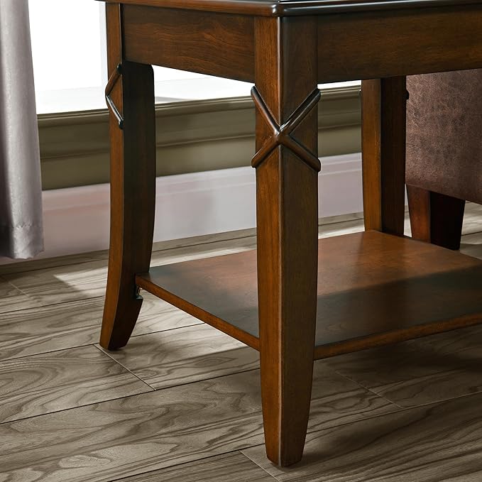 Solid Wood End Table with Storage Shelf, Vintage Rectangle Sofa Side Table with Splicing Tabletop and Carved Leg, BesideTelephone Table Cherry Brown,19.7 * 17.7 * 19.7in CJZ-DR200-Ruum Studio Home
