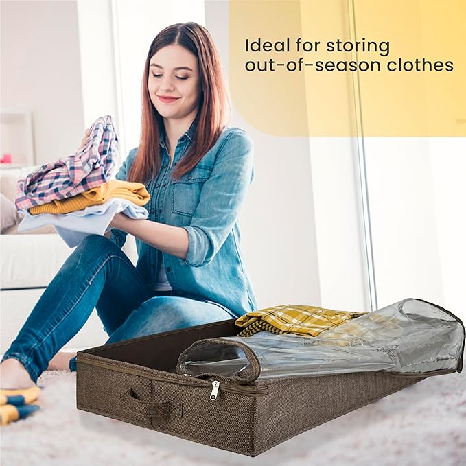 Brown Low Profile Under Bed Storage Containers 5 inches high, 33.8"x 17.7"x 5.1", Sturdy Underbed Shoe Storage Organizer, Foldable Fabric Under the Bed Storage Bins - Pack of 2-Ruum Studio Home