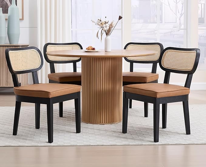 EALSON Mid Century Modern Rattan Dining Chairs Set of 4 Farmhouse Black Wood Kitchen Chairs with Cane Back Leather Upholstered Accent Armless Chairs for Dining/Living Room Restaurant, Brown-Ruum Studio Home