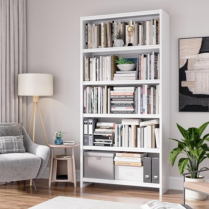 69" Tall Bookcase, 5-Tier Wide Bookshelf, Library Book Case with Display Shelf, Lightweight Metal Bookshelves, Industrial Book Shelf for Home, Office, Library, and School (White)-Ruum Studio Home