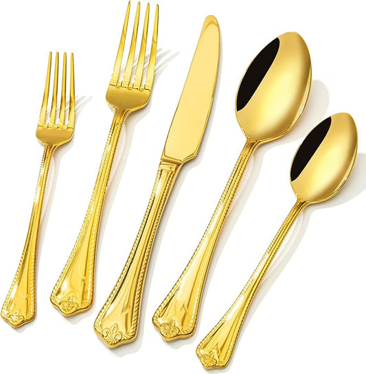 KINGSTONE Gold Silverware Set, 60-piece 18/10 Stainless Steel Flatware Set Cutlery Set for 12, for Kitchen, Home, Wedding, Party, Mirror Polished and Dishwasher Safe, Featured Gifts-Ruum Studio Home