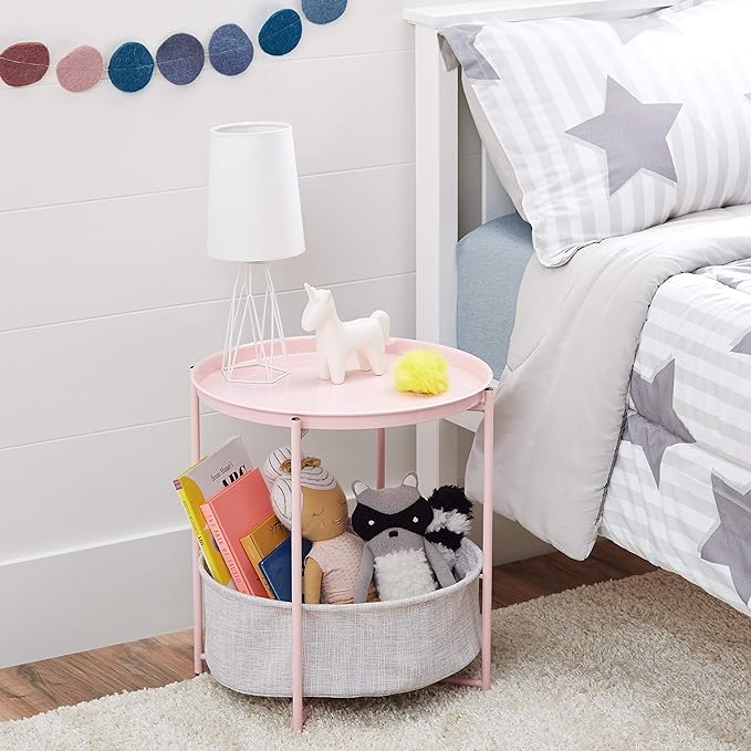 Amazon Basics Round Storage End Table, Side Table with Cloth Basket, Dusty Pink, 17.7"D x 17.7"W x 18.9"H-Ruum Studio Home