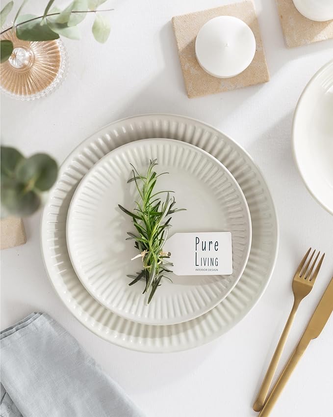 Stoneware Dinnerware Set for 8 People HYGGE 32-Piece - Elegant Scandi Design - Premium Dish Set - Bowl and Plate Set - Tableware for 8 People in a Ribbed Design - Pure Living in Beige-Ruum Studio Home