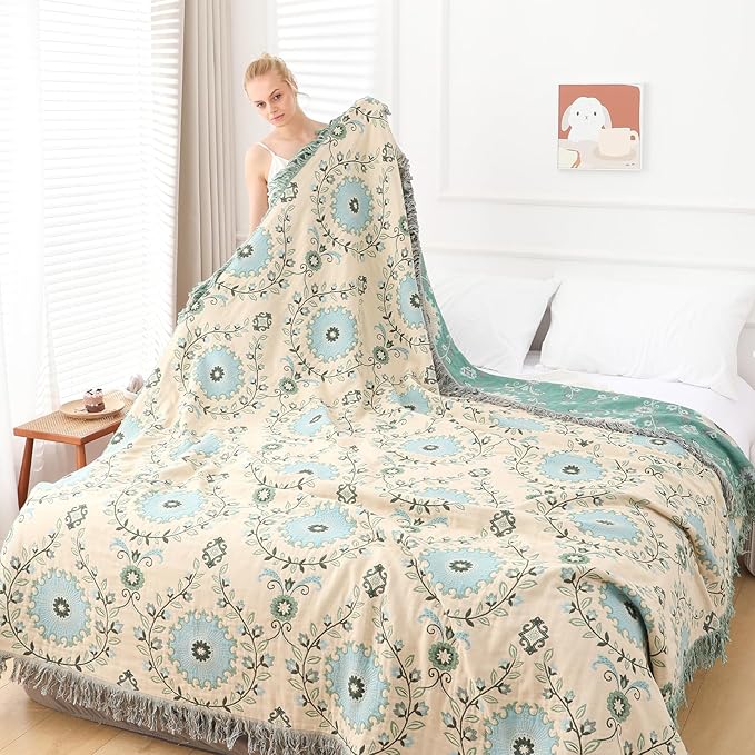 Snycler Boho Throw Blanket for Bed - 100% Cotton Ultra Soft Rustic Quilt - Blue Boho Floral Printed Farmhouse Decor Bed Blankets, 80"×90" All Season Rustic Throw for Sofa Couch Chair-Ruum Studio Home