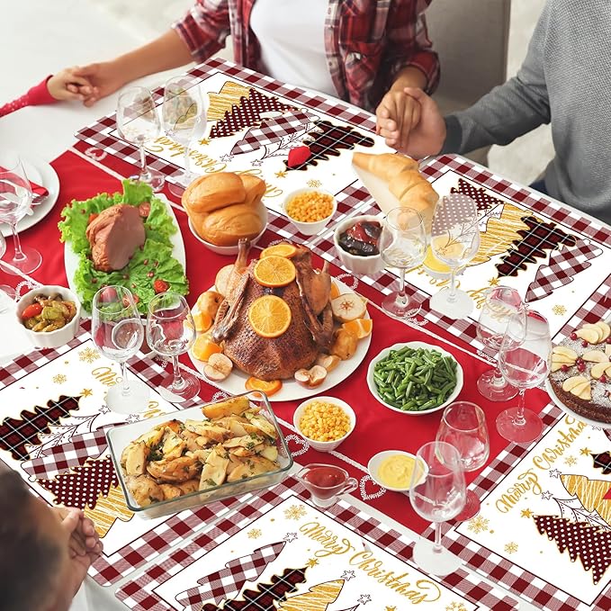 Winter Christmas Placemats Set of 6 Merry Christmas Watercolor Buffalo Plaid Plastic Table Mats Red Gold Xmas Trees Place Mat Holiday Table Decoration for Indoor Outdoor Party Kitchen Dining-Ruum Studio Home
