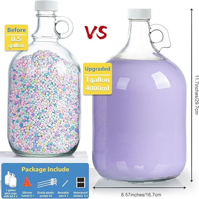 2 Pack Gallon Glass Pump Bottle Dispensers with 3 Pumps and 2 Airtight Lids, Laundry Soap Dispensers with 1 Funnel, Liquid Laundry Detergent Dispensers for Fabric Softener, Shampoo, Body Wash-Ruum Studio Home