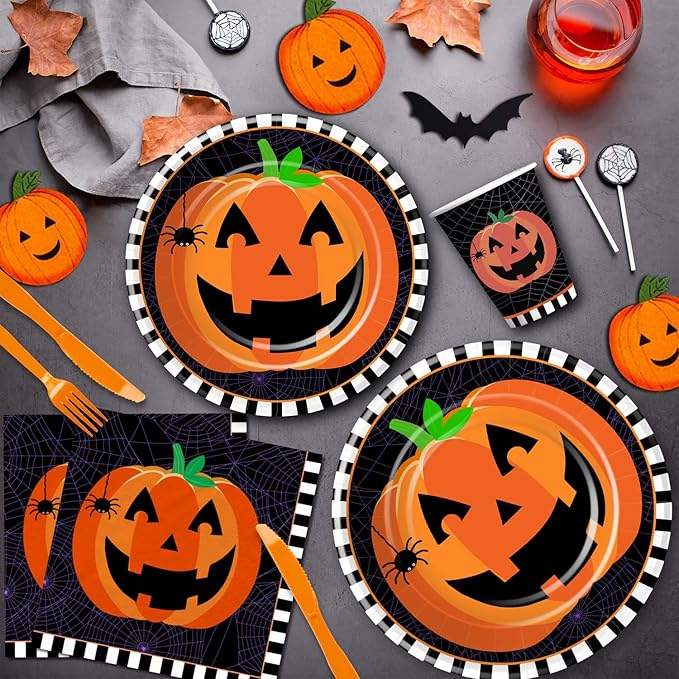 Halloween Plates and Napkins Party Supplies, Pumpkin Halloween Party Decorations Tableware, Pumpkin Paper Plate, Cup, Napkin, Tablecloth, Disposable Cutlery, Serves 24-Ruum Studio Home