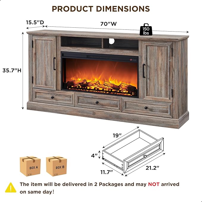 Fireplace TV Stand for 80 Inch TV, 35.7" Tall Farmhouse Entertainment Center W/36'' Electric Fireplace, Media Console with Large Storage Cabinets and Drawers for Living Room, Purple Oak-Ruum Studio Home