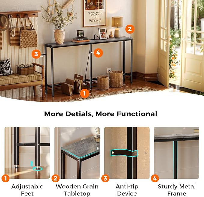 SUPERJARE Console Table with Outlet, 63 Inch Sofa Table with Charging Station, Narrow Hallway Entryway Table, Behind Couch Table Skinny for Entryway, Living Room, Plants, Charcoal Gray-Ruum Studio Home