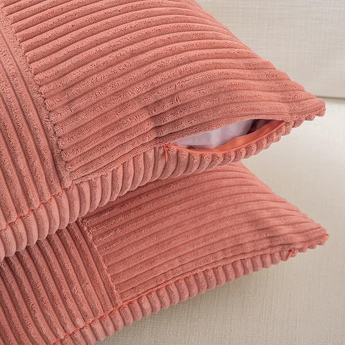 Fancy Homi 2 Packs Coral Lumbar Decorative Throw Pillow Covers 14x24 Inch for Living Room Couch, Rustic Farmhouse Boho Home Decor, Soft Striped Corduroy Rectangle Accent Peach Cushion Case 35x60 cm-Ruum Studio Home