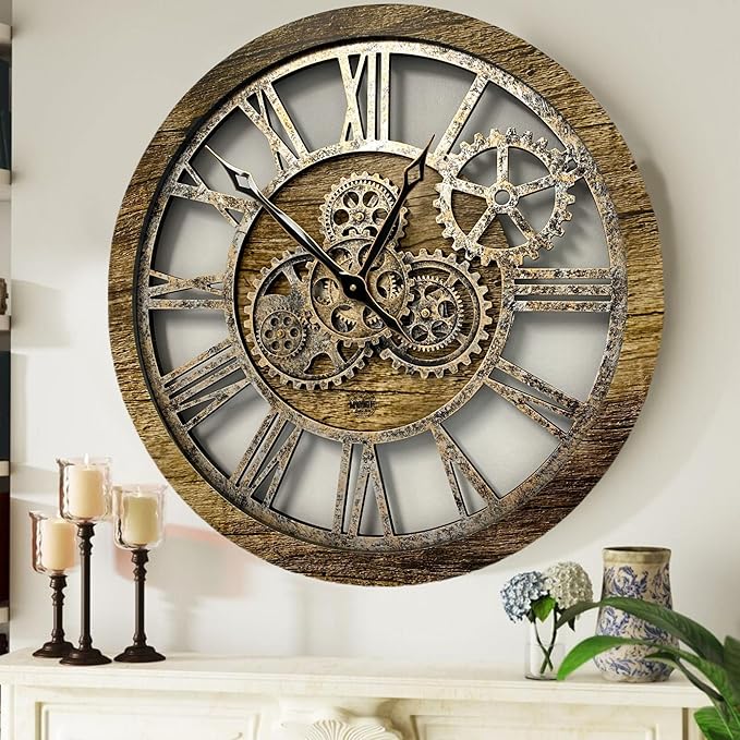 The Gears Clock The Original Real Moving Gear Wall Clock Vintage Industrial Oversized Rustic Farmhouse (24 inch (60cm),Gold Antique)-Ruum Studio Home