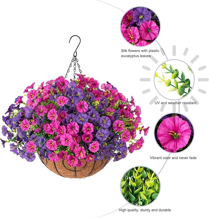 Artificial Faux Hanging Flowers Plants Basket for Spring Summer Outdoors Decoration, Silk Morning Glory with Eucalyptus Look Real UV Resistant Fake Flowers for Outside Porch Patio Balcony Home, Mix-Ruum Studio Home