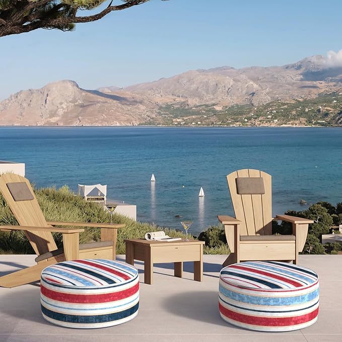 Inflatable Ottoman Stool D21 xH9 for Outdoor/Indoor Use, Water Repellent Patio Foot Rest Stool with Portable Handle,Round Pouf Ottoman Suitable for Garden,Deck and Camping - Stripe Red Blue-Ruum Studio Home
