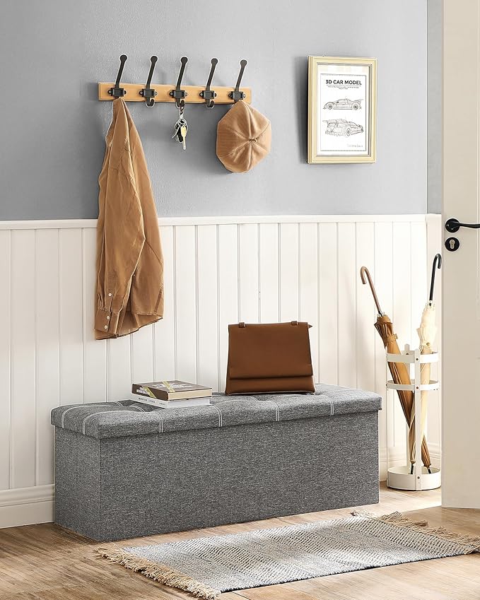 SONGMICS MAZIE Collection - 43 Inches Ottoman Storage Bench, 35 Gal. Folding Chest with Breathable Linen-Look Fabric, Load up to 660 lb, for Entryway, Living Room, Bedroom, Light Gray ULSF077G05-Ruum Studio Home