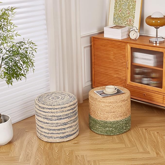 Wimarsbon 18'' Ottoman Pouf, Natural Braided Poof, Rustic Handweave Lounge Pouffe, Boho Footrest Stool for Bedroom, Accent Table for Living Room (Natural Water Hyacinth + Green Corn Husk)-Ruum Studio Home
