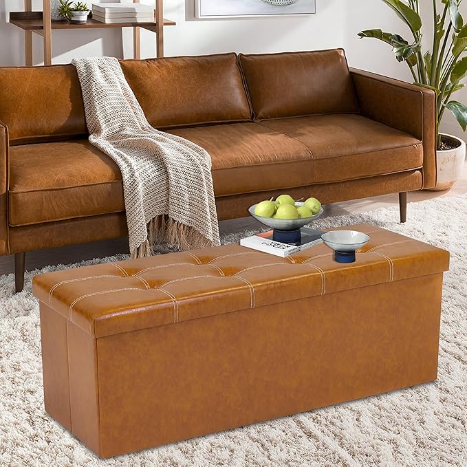 43 Inches Folding Storage Ottoman Bench, PU Leather Storage Chest, Footrest Padded Seat for Bedroom and Hallway, Holds up to 660 lbs, Light Brown-Ruum Studio Home