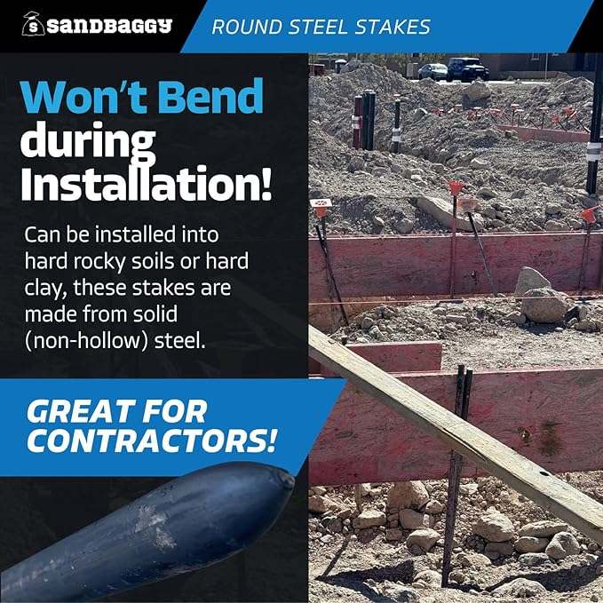 Sandbaggy Round Steel Concrete Form Stakes with Nail Holes - Rust Resistant Coating - Removable, Reusable (5, 3/4 in X 48 in)-Ruum Studio Home
