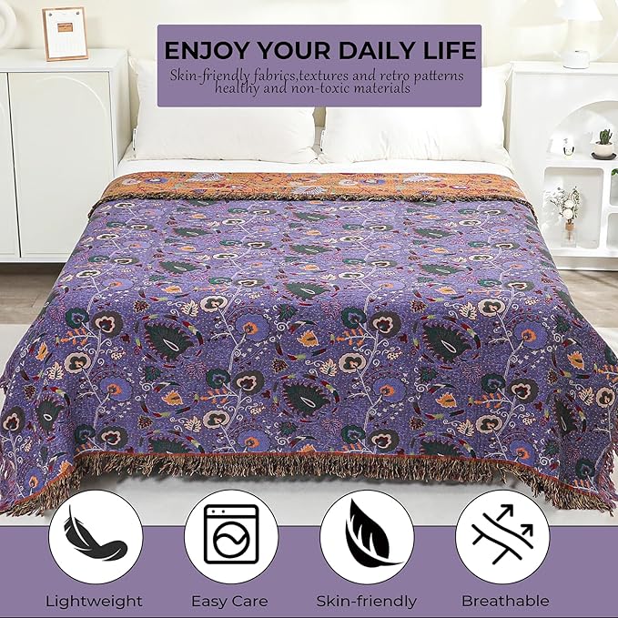 Boho Fall Throw Blanket for Bed Purple Flowers，100% Ultra Cotton Soft Breathable Bed Throw Floral Printed Farmhouse Decor Rustic Bed Throws for Couch Sofa Quilt 90" x 98"-Ruum Studio Home