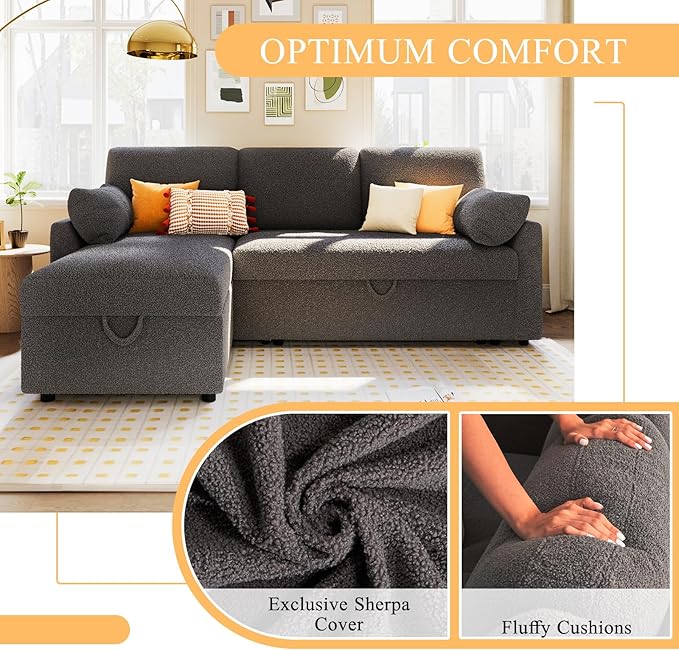 VanAcc Sofa Bed, Sleeper Sofa with Storage Chaise- 2 in 1 Pull Out Couch Living Room, Comfy Sleeper Couch, Grey Boucle-Ruum Studio Home