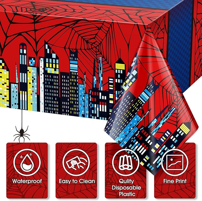 Oudain 5 Pcs Spider Tablecloth 108 x 54 in Red and Blue Plastic Disposable Table Covers City Web Theme Birthday Party Decorations Large Table Cloths for Party Indoor Outdoor (Classic)-Ruum Studio Home