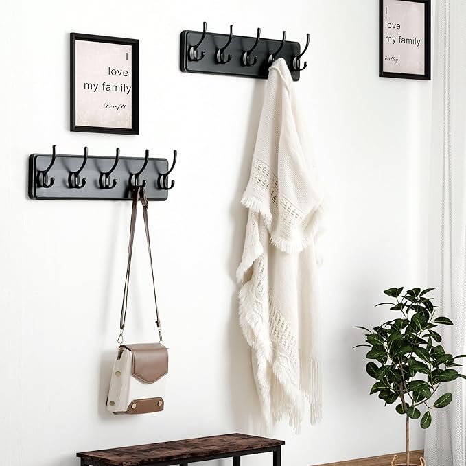 Dseap Coat Rack Wall Mount: Modern, Patented, Heavy-Duty, 17.4" Long 5-Double-Hooks Wooden Hanger Hook Rail for Winter Coats Hat Jacket Clothing, Black-Ruum Studio Home