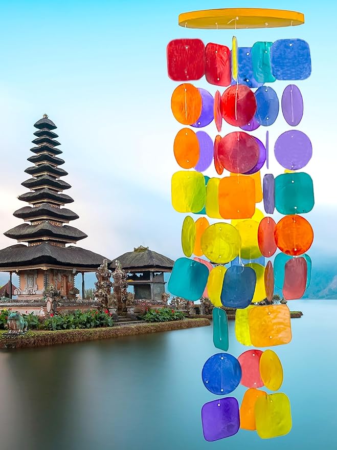 Bellaa 22890 Wind Chimes Outdoor, Garden Decorations, Musical, Indoor/Outside Windchimes, Beach, Ocean Breeze, Gifts for Mom, Gift for All Occasions, Capiz Sea Glass Shells Wood 27 inch Rainbow-Ruum Studio Home