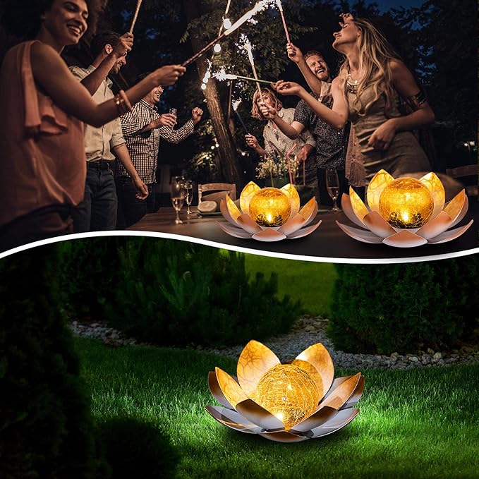 Garden Solar Lights Outdoor(2Pack) , Amber Crackle Globe Glass Lotus Decoration , Waterproof Orange Metal LED Flower Lights for Patio,Lawn,Walkway,Tabletop,Ground, Garden Gifts for Women-Ruum Studio Home
