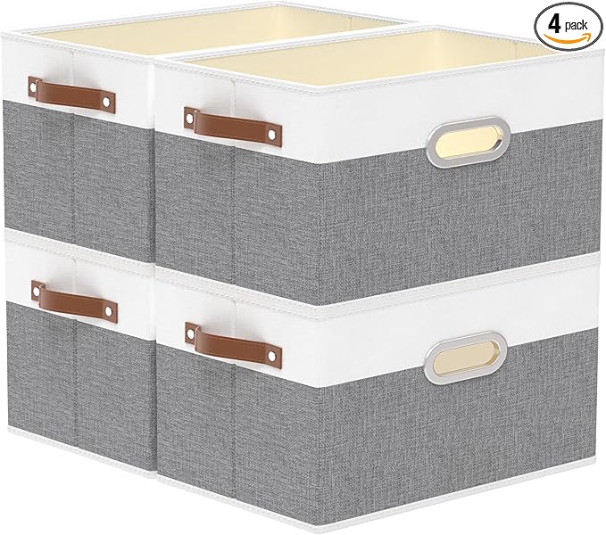 Yawinhe Fabric Storage Bins with Handles, Foldable Baskets for Shelves, Cubes with 3 Handles, Large Boxes for Clothes, White/Grey, 16.9''Lx11.8''Wx10.2''H, 4-Pack-Ruum Studio Home