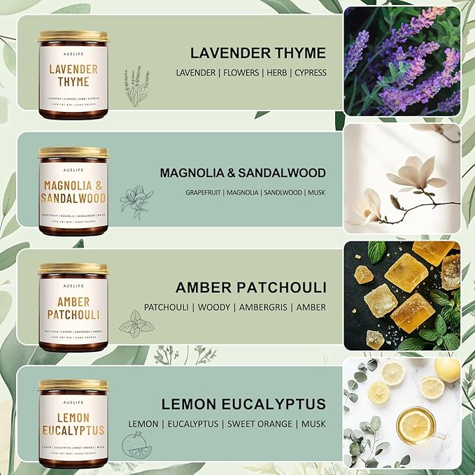 4 Pack Scented Candles Set | Scented Candles for Home, Candle Gifts for Women Men, Soy Candle for Home, Aromatherapy Gift of Amber Patchouli/Lemon Eucalyptus/Lavender/Sandalwood-Ruum Studio Home