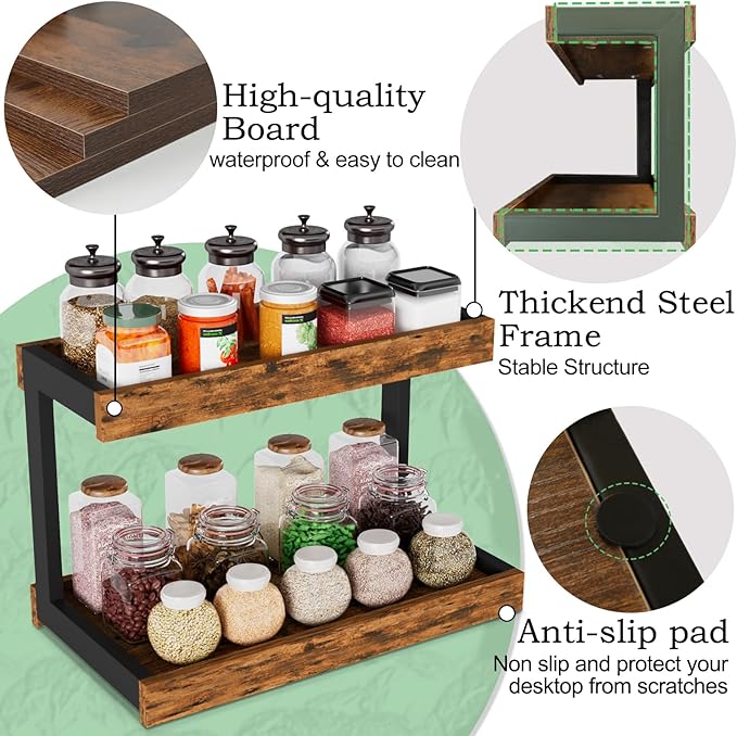 MARTY 2 Tier Spice Rack Organizer for Countertop, 15.8''L Coffee Station/Bathroom Organizer Countertop, Counter Shelf Desktop Storage Organizer for Kitchen, Bedroom, Office (Rustic Brown)-Ruum Studio Home