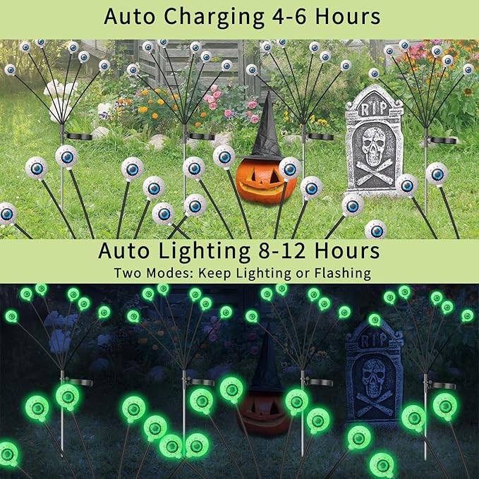 VOTTGO Halloween Solar Lights Outdoor, 2 Pack 12LED Scary Solar Eyeball Pathway Lights, 2 Modes Waterproof Swaying Firefly Light for Garden Yard Pathway Halloween Decorations, Green-Ruum Studio Home