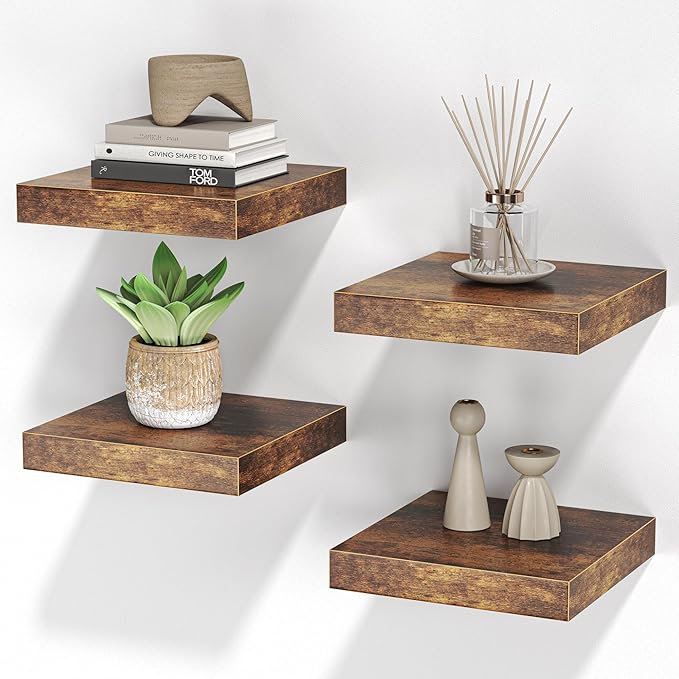 Square Floating Shelves for Wall, 8"W x 8"D x 1.2"H, Small Wooden Wall Mounted Display Shelves with Invisible Brackets for Living Room, Bedroom, Bathroom, Kitchen Decor, Set of 4, Rustic Brown-Ruum Studio Home