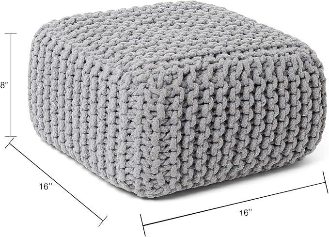 REDEARTH · Cube Low Pouf Foot Stool Ottoman - Hand Knitted Poof - Cord Boho Pouffe - Home Décor - Stuffed Footrest for Living Room - Nursery - Bedroom - Patio (16" x 16" x 8") - Light Gray-Ruum Studio Home
