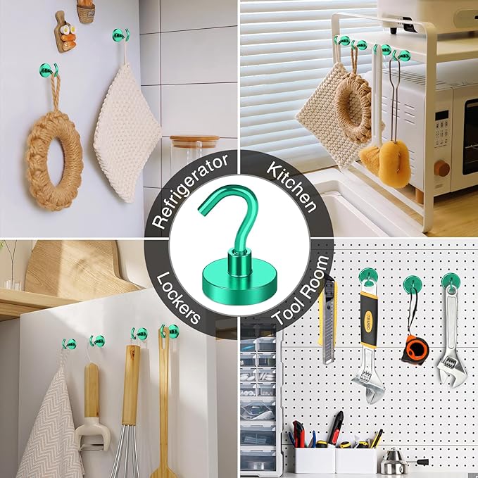 MIKEDE Magnetic Hooks, 40Lbs+ Heavy Duty Magnet Hooks for Cruise Cabins, Super Neodymium Hanging Hooks Strong Magnets with Hook for Fridge, Magnetic Hanger for Grill, Toolbox, Storage(Green, 10 Pack)-Ruum Studio Home