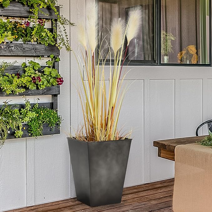 KOL 18''H. Bright Glazed Planter with Drainage Hole, Set of 2, Galvanized Steel Planter Pots for Indoor & Outdoor Use, Decorative Flower Plant Pots for Front Porch, Patio, Deck - Black-Ruum Studio Home