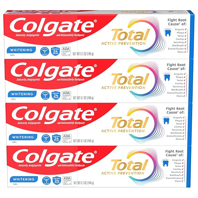 Colgate Total Active Prevention Whitening Gel Toothpaste with Fluoride, Bulk with Clinically Proven Formula That Fights Plaque Bacteria, Mint, 4 Pack, 5.1 oz-Ruum Studio Home