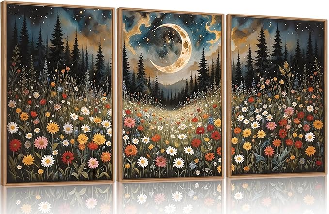 HPINUB Wildflower Moon Pine Tree Framed Canvas Wall Art Set,Nature Forest Wall Decor,Mystical Starry Night Artwork Rustic Mountain Landscape Art Print for Living Room,Bedroom,Office-24 x36 x3-Ruum Studio Home