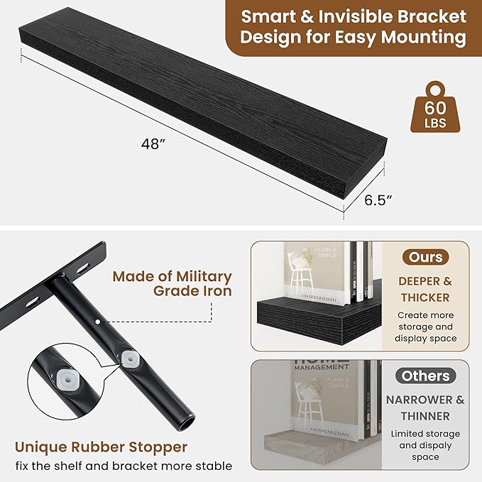 fuqing Floating Shelves for Wall, Bathroom Shelf Wall Mounted for Storage, Shelves with Invisible Bracket for Bedroom, Kitchen, Living Room, Farmhouse Small Book Shelf, 48 Inch Set of 2, Black-Ruum Studio Home