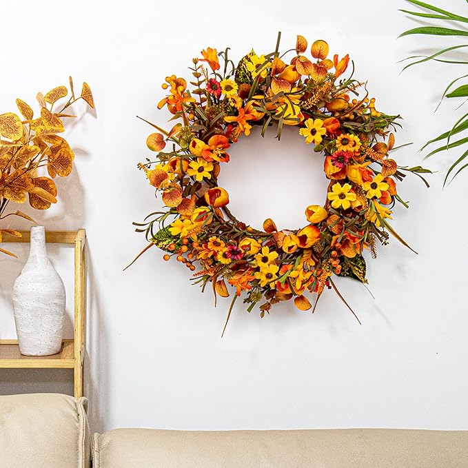 18 Inches Fall Wreaths for Front Door Rustic Autumn Wreath Farmhouse Fall Floral Wreaths with Tulips Phalaenopsis Orange Wildflowers for Wall Window Porch Indoor Outside Decor-Ruum Studio Home