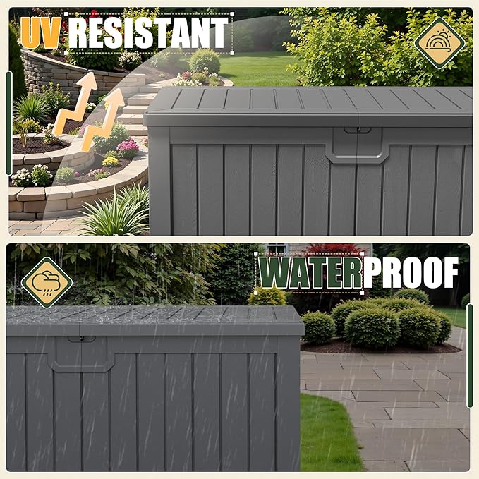 JUMMICO 250 Gallon Outdoor Resin Deck Box with Divider, Waterproof Storage Box with Lockable Lid&Side Handles for Garden Tools, Pools Supplies (Gray)-Ruum Studio Home