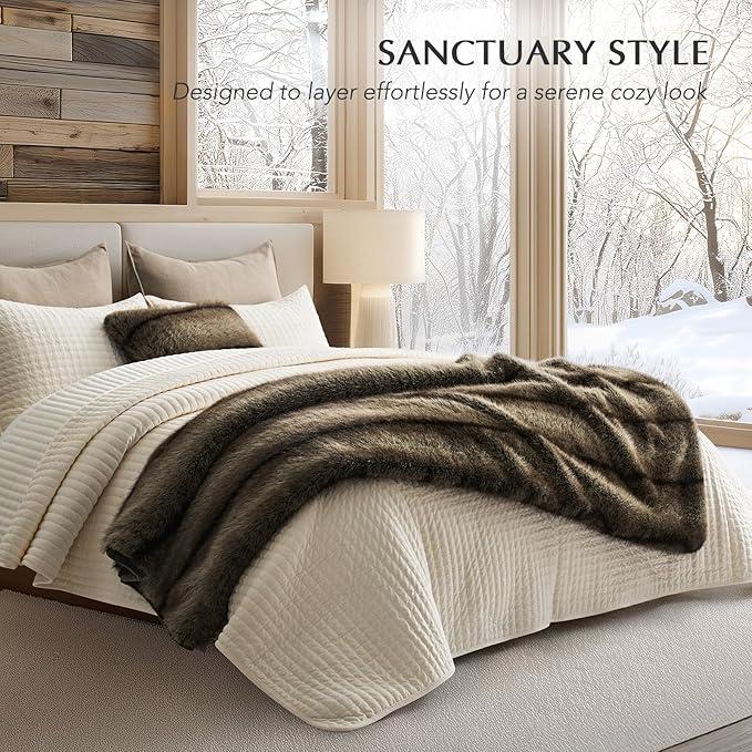 Luxury Faux Fur Throw Blanket, Soft Fluffy Faux Mink Blankets for Bed, Couch, Sofa, Thick Cozy Plush Warm Fur Throws with Reversible Velvet, Ombré Sable Brown, 50"x60"-Ruum Studio Home