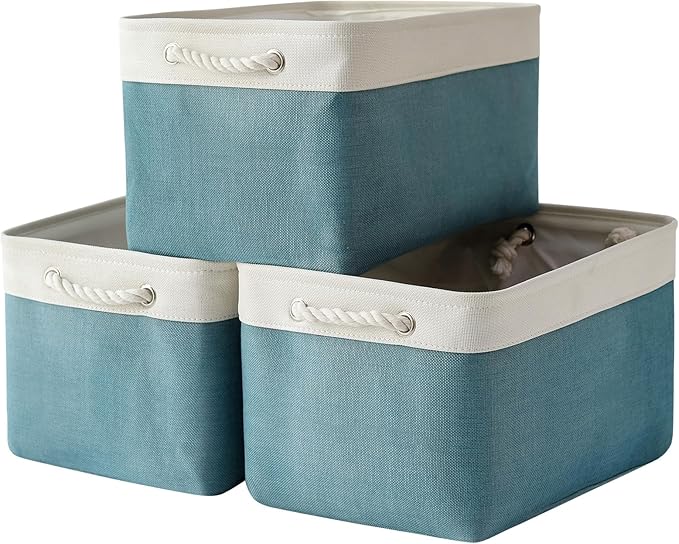 TheWarmHome Organization and Storage basket for Organizing - 3 Pack 16x12x12 inch Cube Storage Bin for Shelves, Fabric Storage Cubes for Organizer Cloth Closet Toy Box (White & Green)-Ruum Studio Home