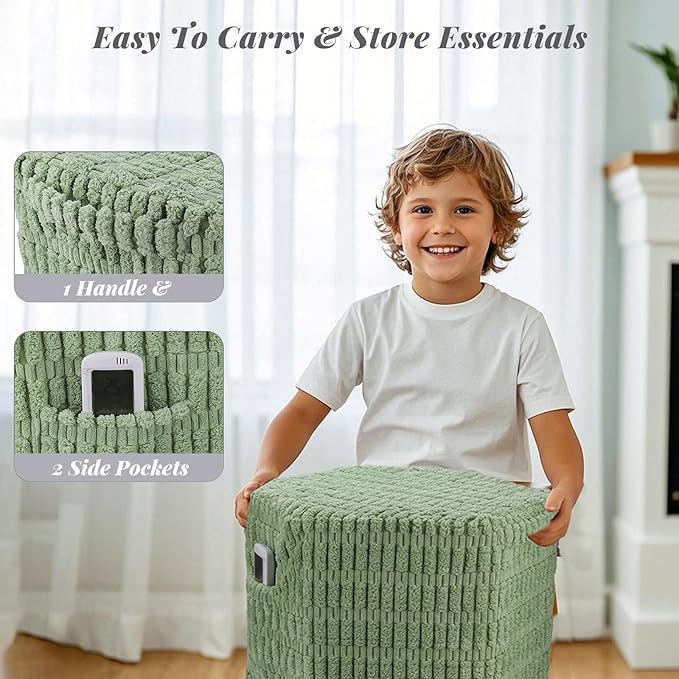 Hexagon Pouf Ottoman Stuffed with 2 Pockets & Handle, Comfort Corduroy Poufs, Non-Slip Foot Stool Storage Ottoman, Foam Floor Poufs Foot Rest for Couch, Bedroom (Green)-Ruum Studio Home