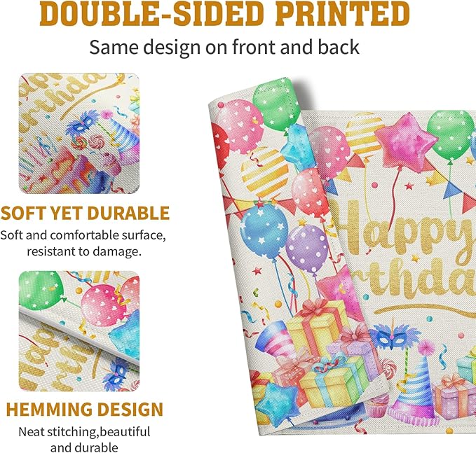 Happy Birthday Placemats Set of 4 Colorful Balloons Confetti Cake Linen Table Mats 12x18 Inch Birthday Party Place Mats for Kitchen Dining Outdoor Indoor Decorations-Ruum Studio Home