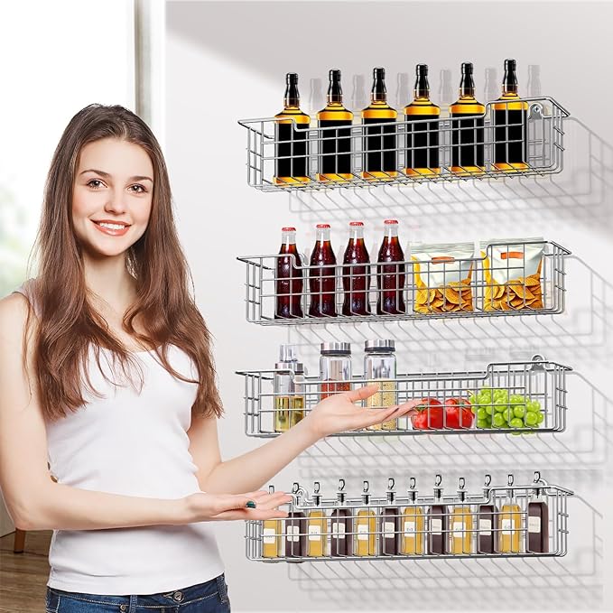 Spice Rack Wall Mount, 4-Pack Seasoning Organizer for Kitchen Storage Organization, Spice Holder Shelf Saving Space for Cabinet, RV, Pantry, Silver-Ruum Studio Home
