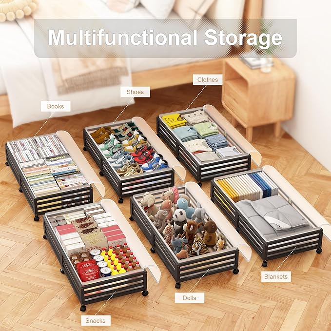 Under Bed Storage Containers With Wheels - 2 Pcs Large Bamboo Wood Rolling Underbed Shoe Storage Bins With Dust Bags for Clothes Blankets, Duvet Covers Snacks Toys (Black)-Ruum Studio Home