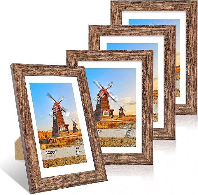 5x7 Picture Frame Set of 4, 5 x 7 Wood Photo Frames with Mat for 4x6, Natural Wooden Frame with Real Glass Cover for Wall and Tabletop Display,Rustic Brown-Ruum Studio Home